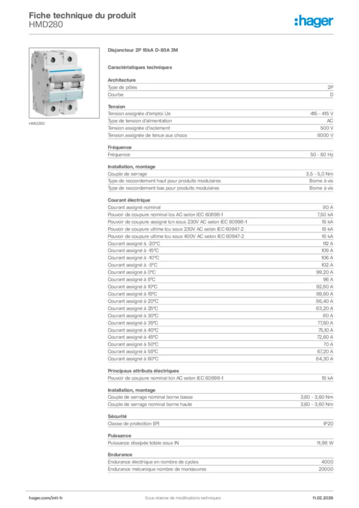 Image Hager Fiche technique du produit HMD280 | Hager Afrique