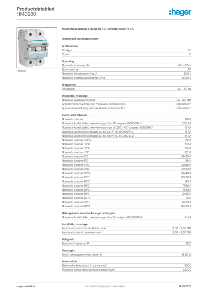 Afbeelding Hager Productdatablad HMD280 | Hager Belgium