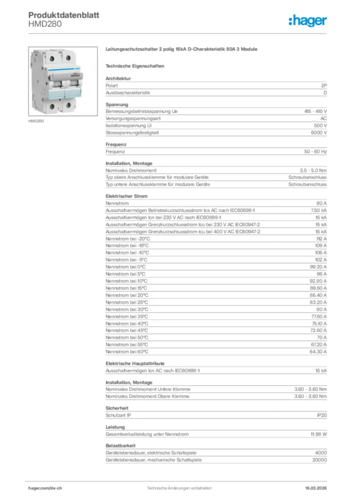 Bild Hager Produktdatenblatt HMD280 | Hager Schweiz