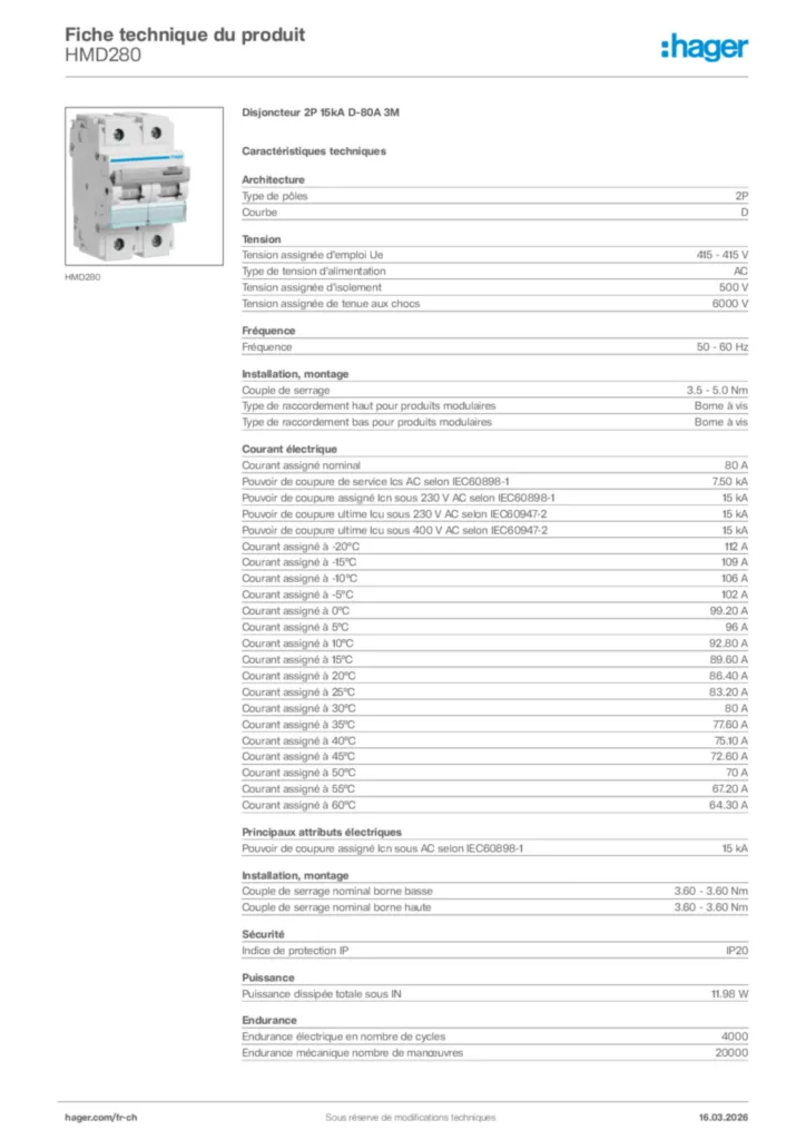 Image Hager Fiche technique du produit HMD280 | Hager Suisse