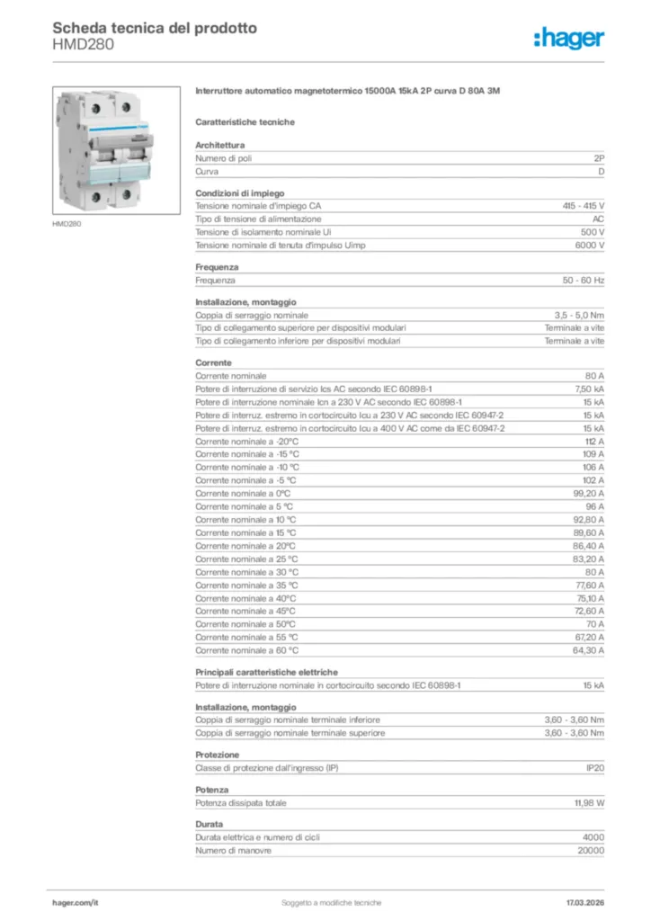 Immagine Hager Scheda tecnica del prodotto HMD280 | Hager Italia