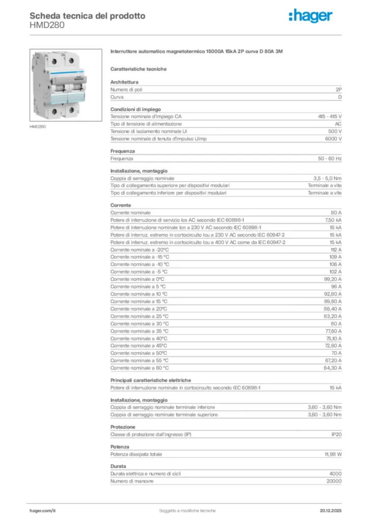 Immagine Hager Scheda tecnica del prodotto HMD280 | Hager Italia
