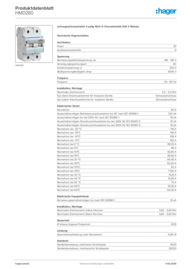 Bild Hager Produktdatenblatt HMD280 | Hager Deutschland