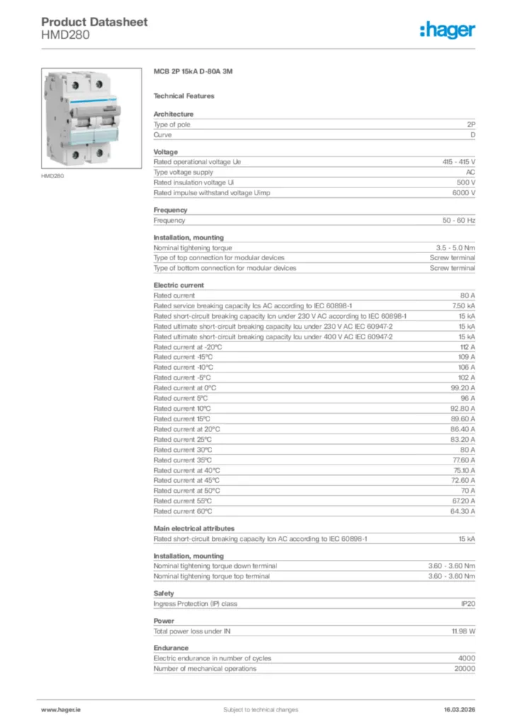 Image Hager Product data sheet HMD280  | Hager