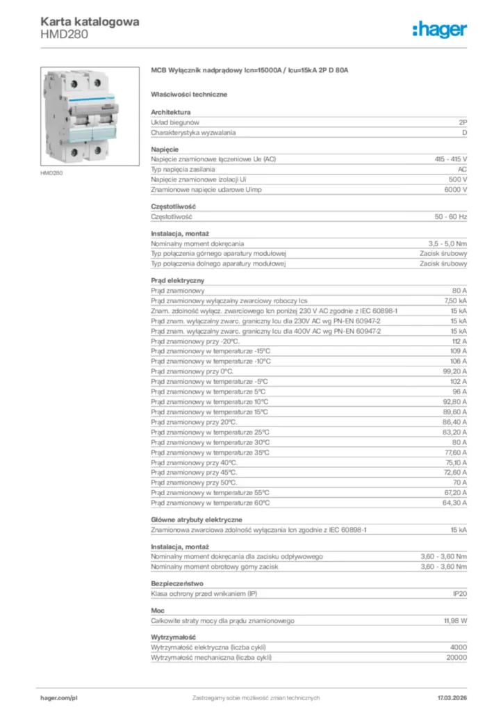 Zdjęcie Hager Karta katalogowa HMD280 | Hager Polska