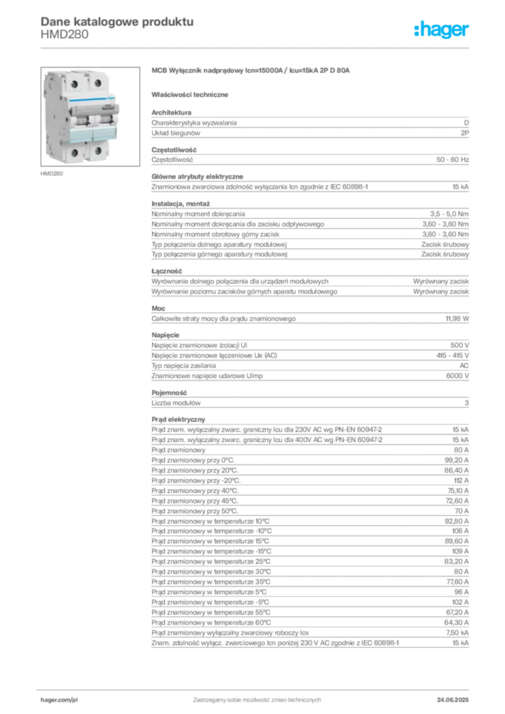 Zdjęcie Hager Dane katalogowe produktu HMD280 | Hager Polska