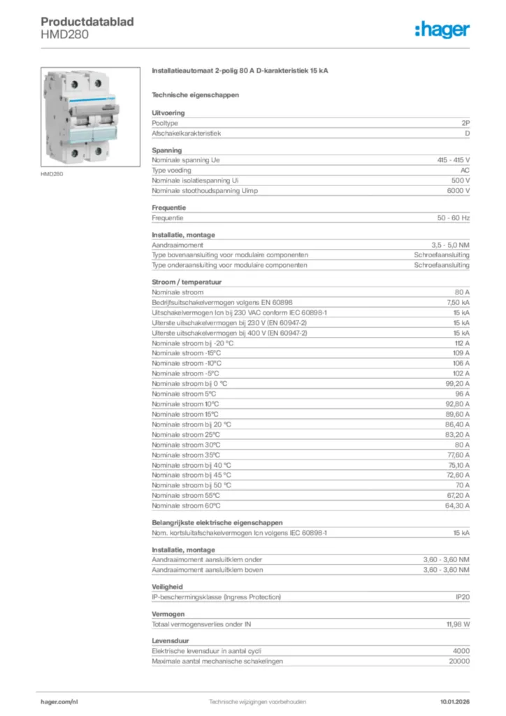 Afbeelding Hager Productdatablad HMD280 | Hager Nederland