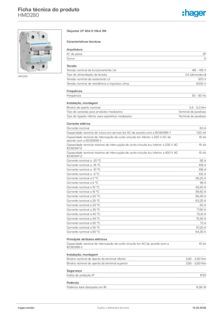 Imagem Hager Ficha técnica do produto HMD280 | Hager Portugal