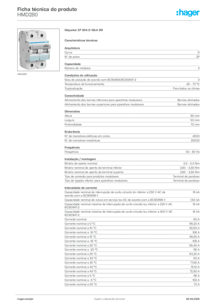 Imagem Hager Ficha técnica do produto HMD280 | Hager Portugal