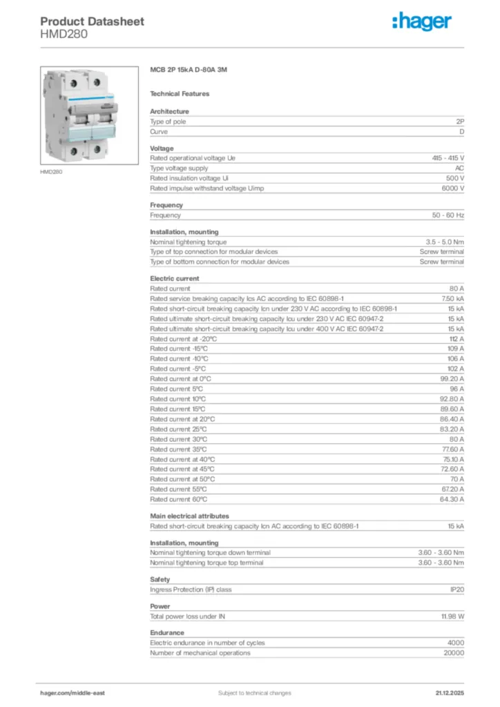 Image Hager Product data sheet HMD280  | Hager