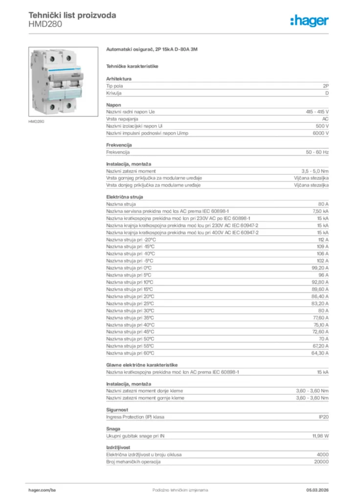 Slika Hager Tehnički list proizvoda HMD280  | Hager