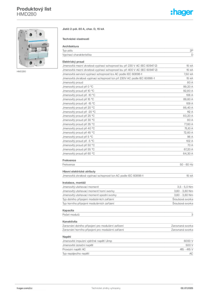 Obrázek Hager Produktový list HMD280 | Hager