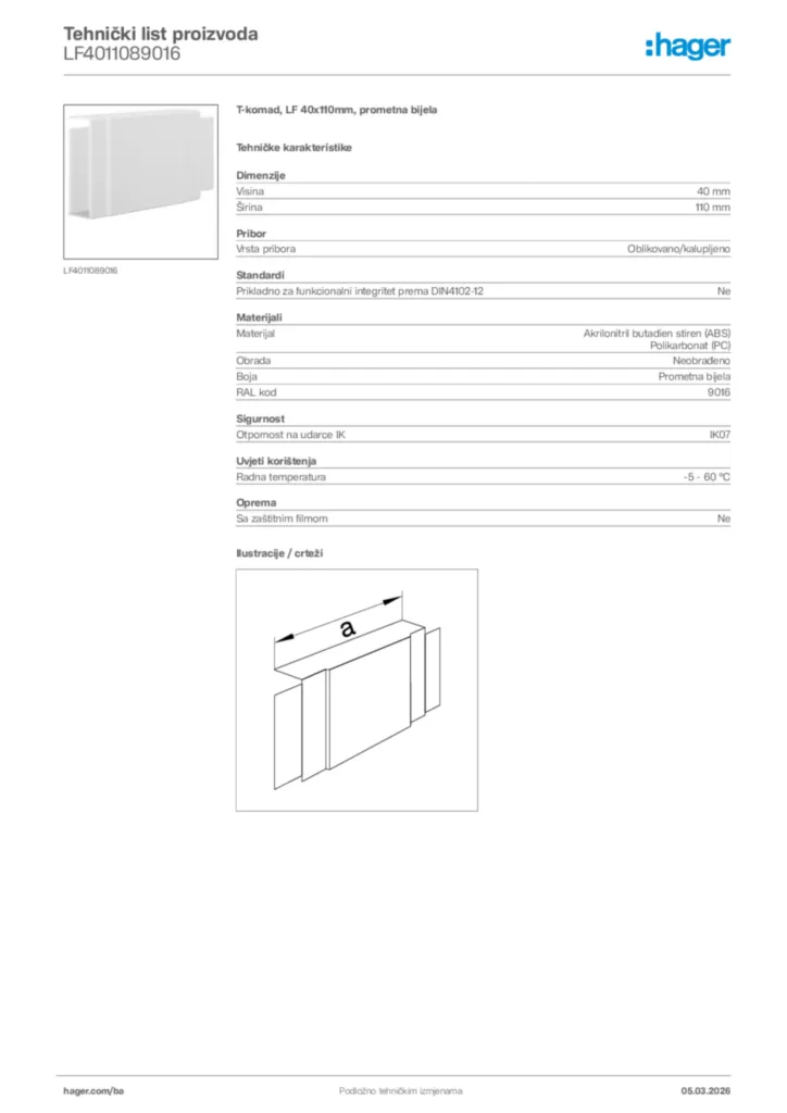 Slika Hager Tehnički list proizvoda LF4011089016  | Hager