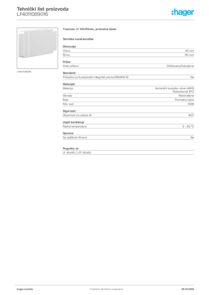 Slika Hager Product data sheet LF4011089016  | Hager