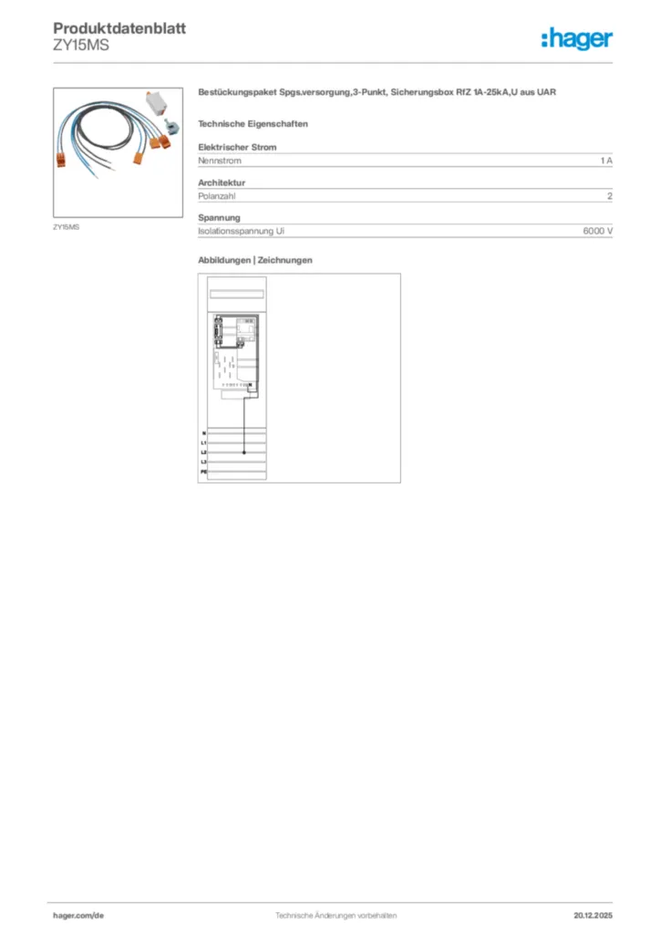 Bild Hager Produktdatenblatt ZY15MS | Hager Deutschland