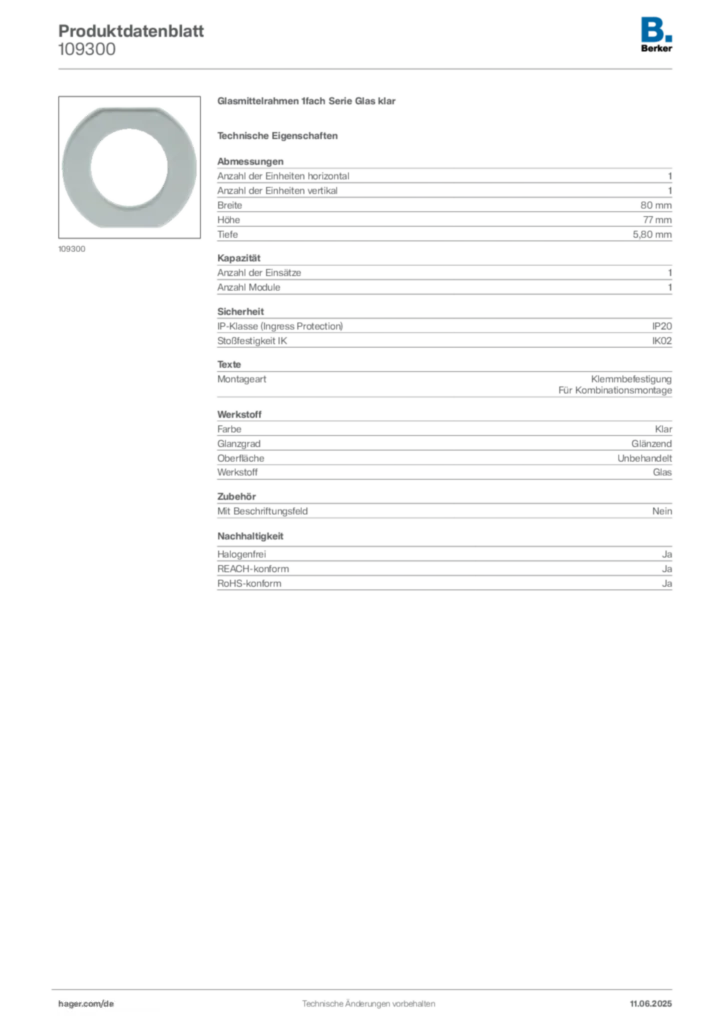 Berker Produktdatenblatt 109300