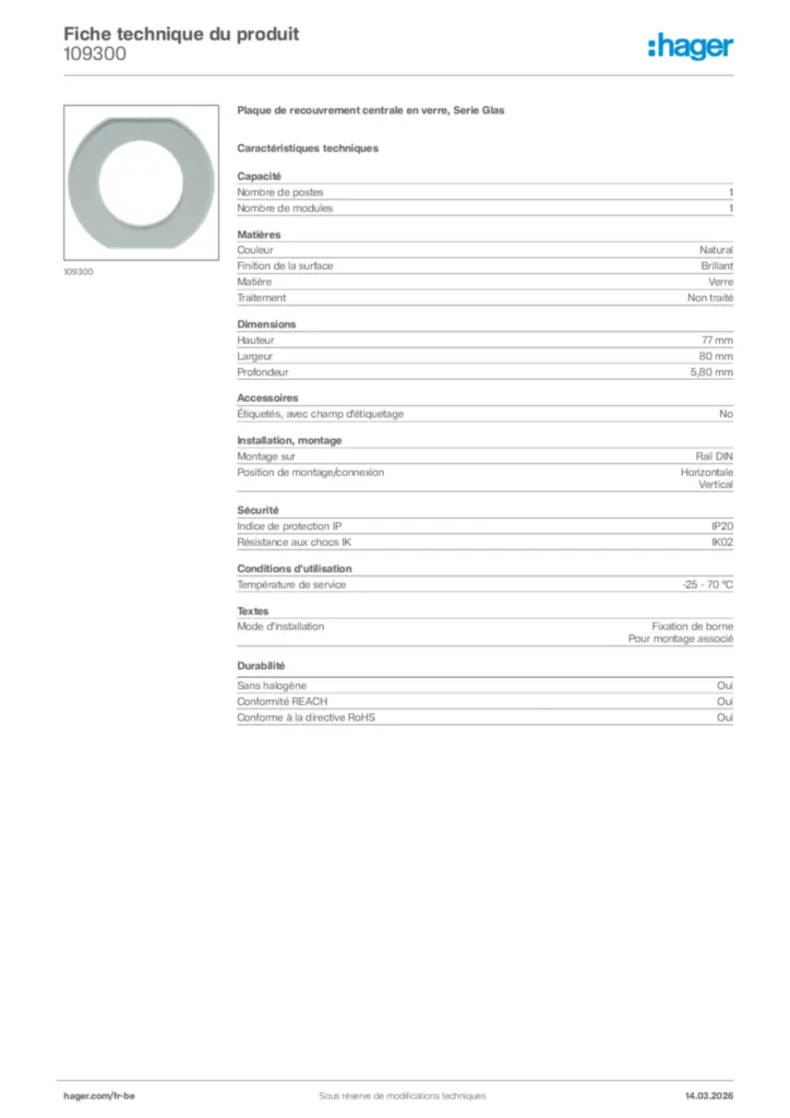 Image Hager Fiche technique du produit 109300 | Hager Belgique