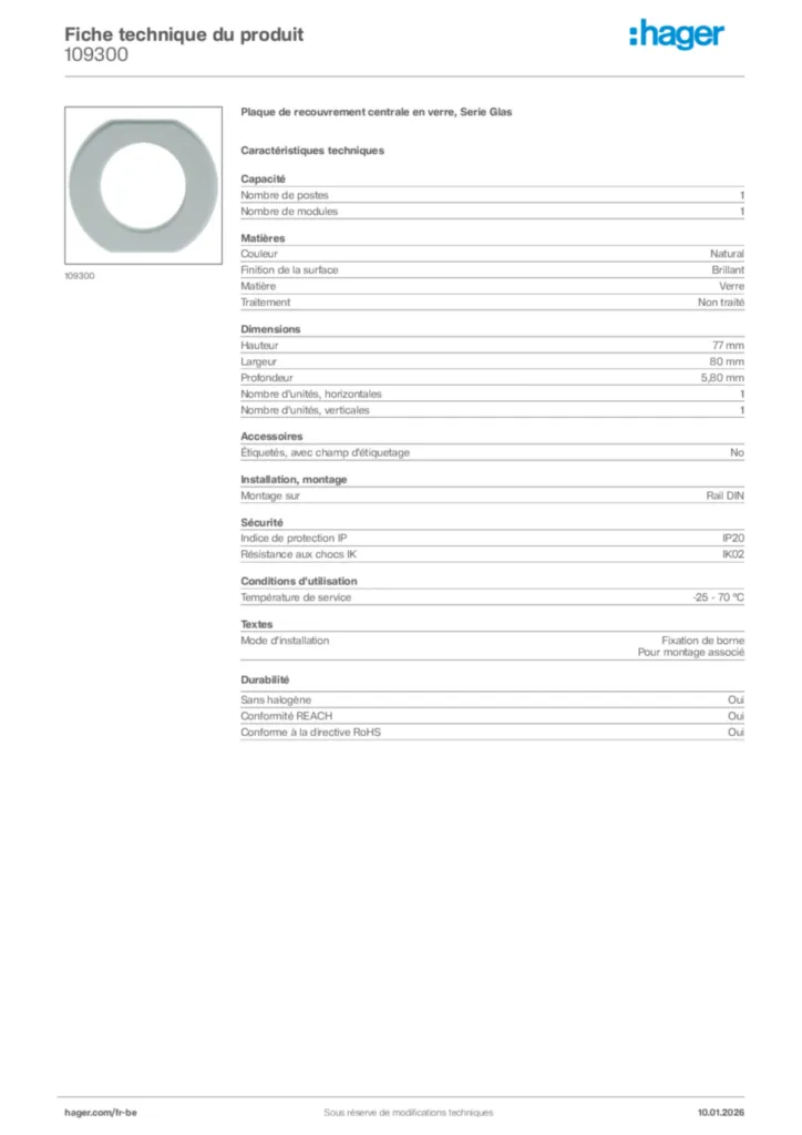Image Hager Fiche technique du produit 109300 | Hager Belgique