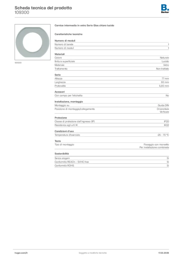 Immagine Berker Scheda tecnica del prodotto 109300 | Hager Italia