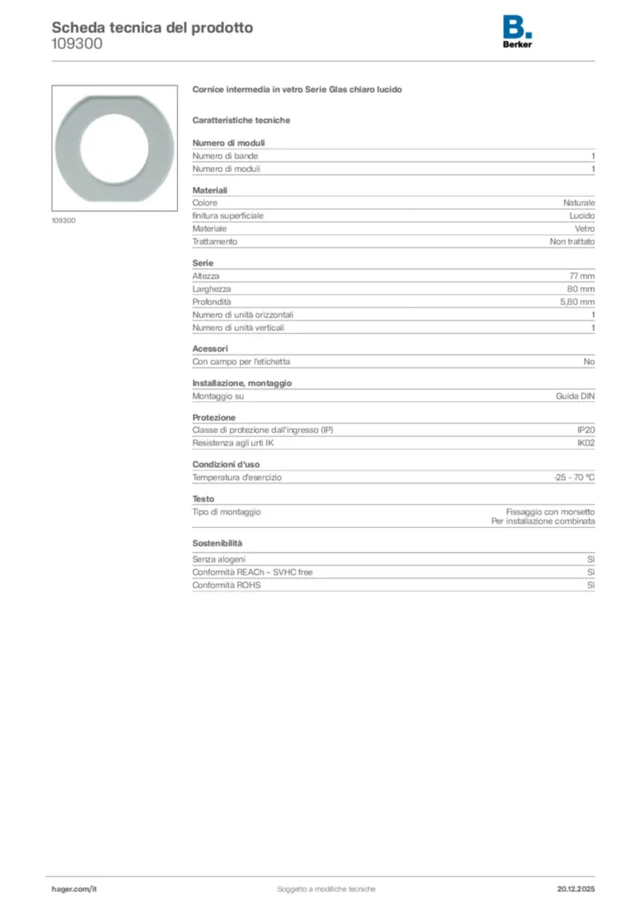 Immagine Berker Scheda tecnica del prodotto 109300 | Hager Italia