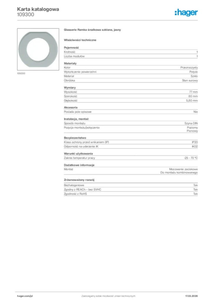 Zdjęcie Hager Karta katalogowa 109300 | Hager Polska