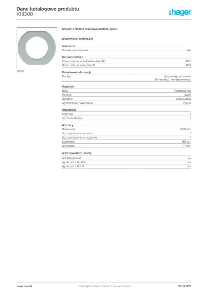 Zdjęcie Hager Dane katalogowe produktu 109300 | Hager Polska