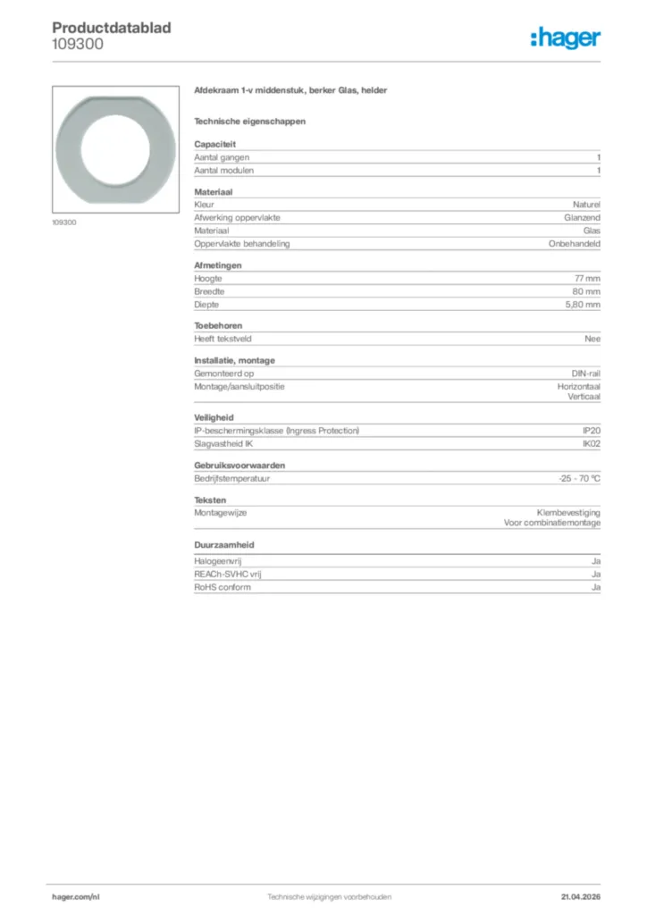 Afbeelding Hager Productdatablad 109300 | Hager Nederland