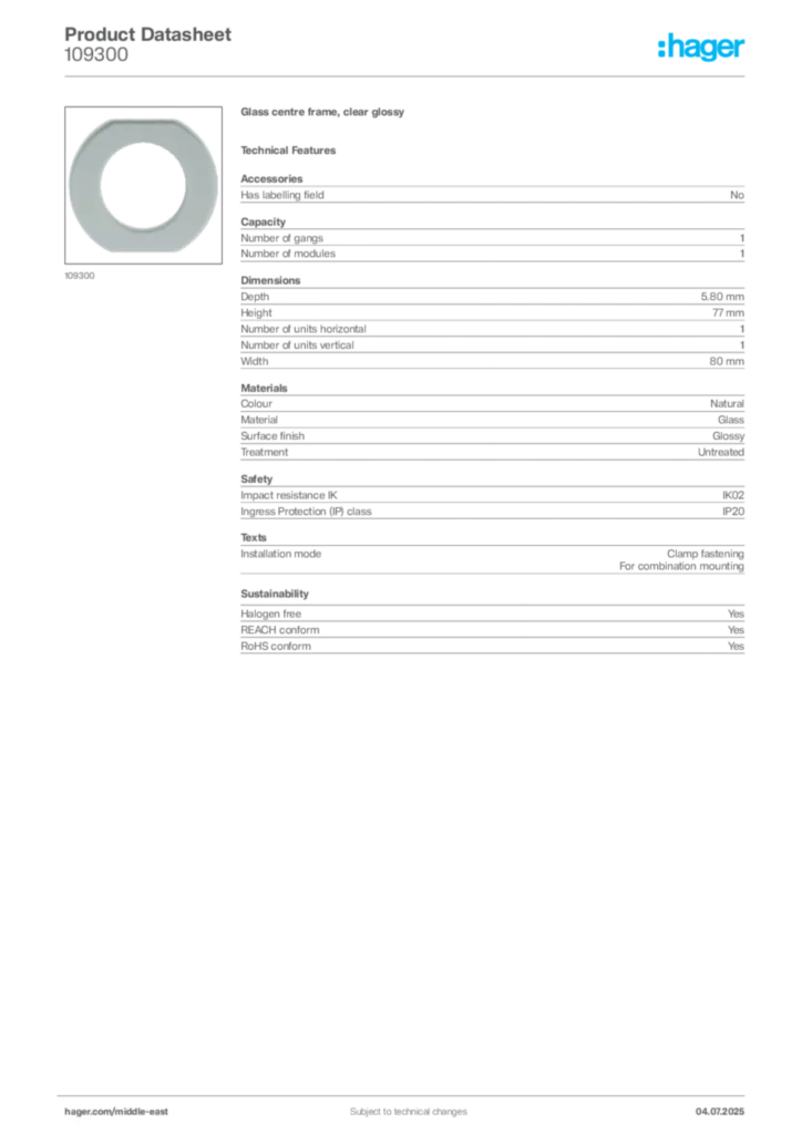 Image Hager Product data sheet 109300  | Hager