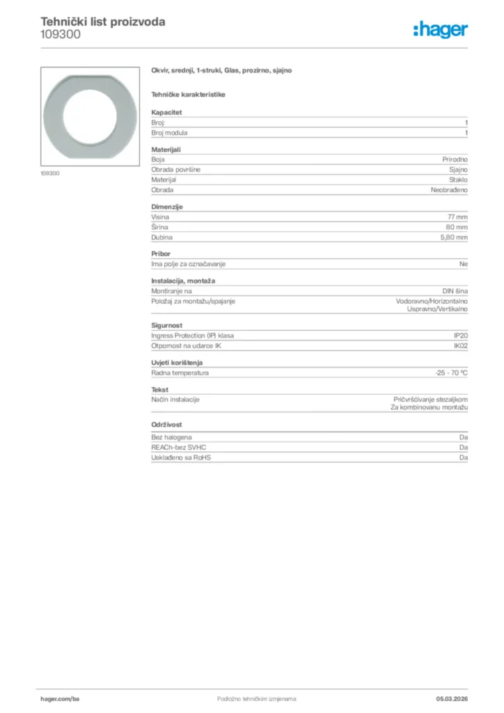 Slika Hager Tehnički list proizvoda 109300  | Hager