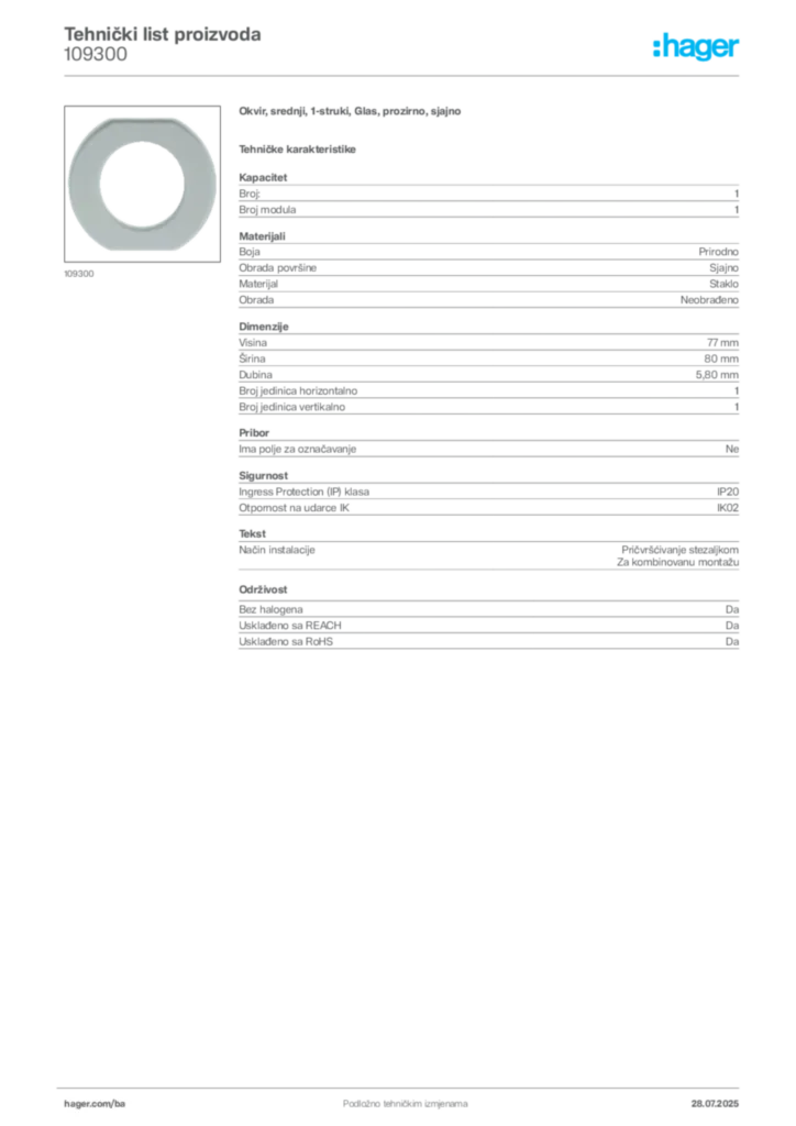 Slika Hager Product data sheet 109300  | Hager