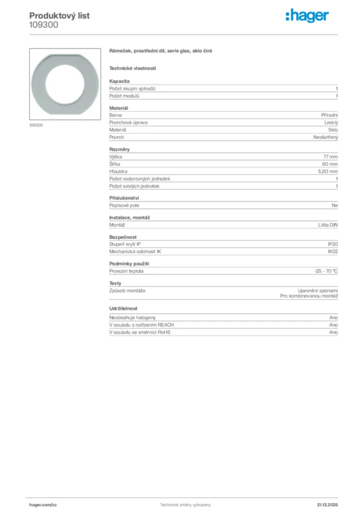 Obrázek Hager Produktový list 109300 | Hager