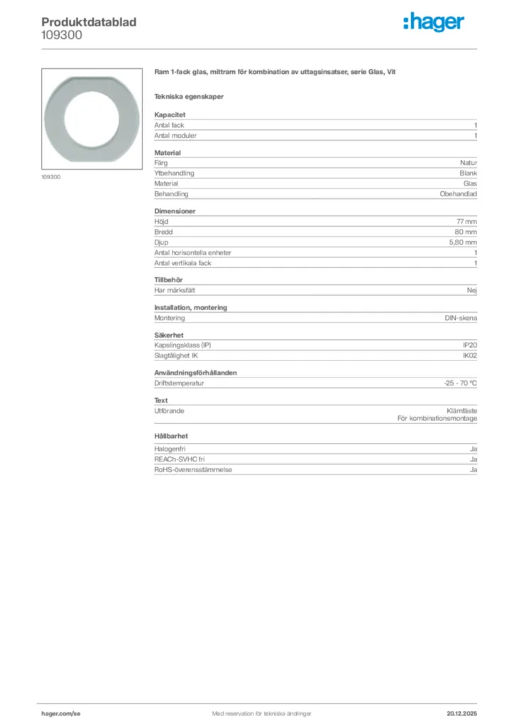 Bild Hager Produktdatablad 109300 | Hager Sverige