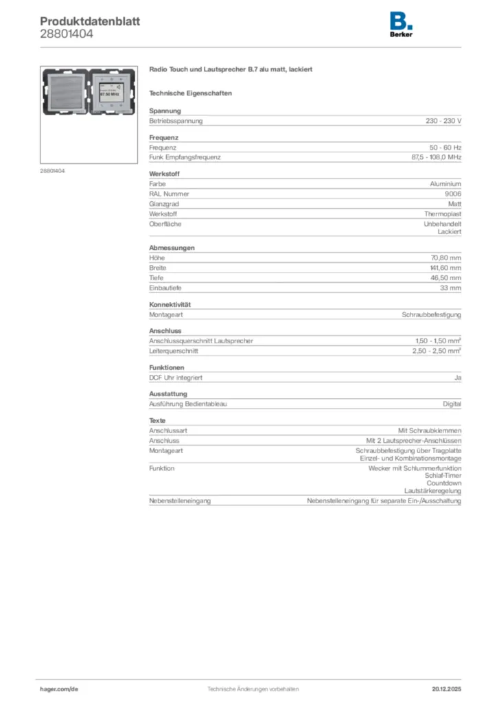 Bild Berker Produktdatenblatt 28801404 | Hager Deutschland