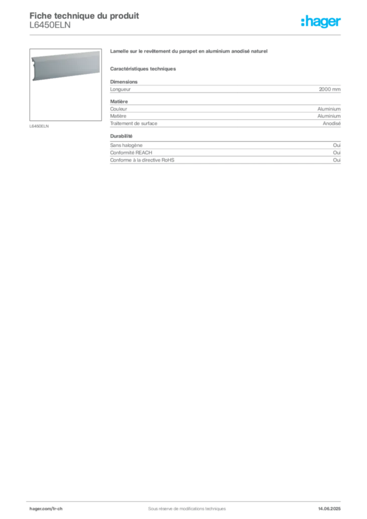 Image Hager Fiche technique du produit L6450ELN | Hager Suisse
