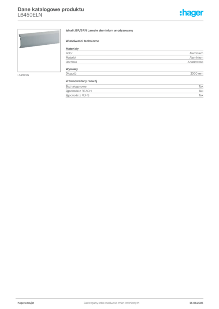 Zdjęcie Hager Dane katalogowe produktu L6450ELN | Hager Polska