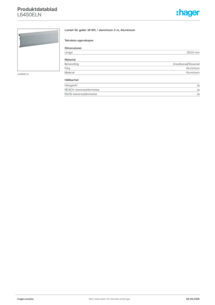 Bild Hager Produktdatablad L6450ELN | Hager Sverige