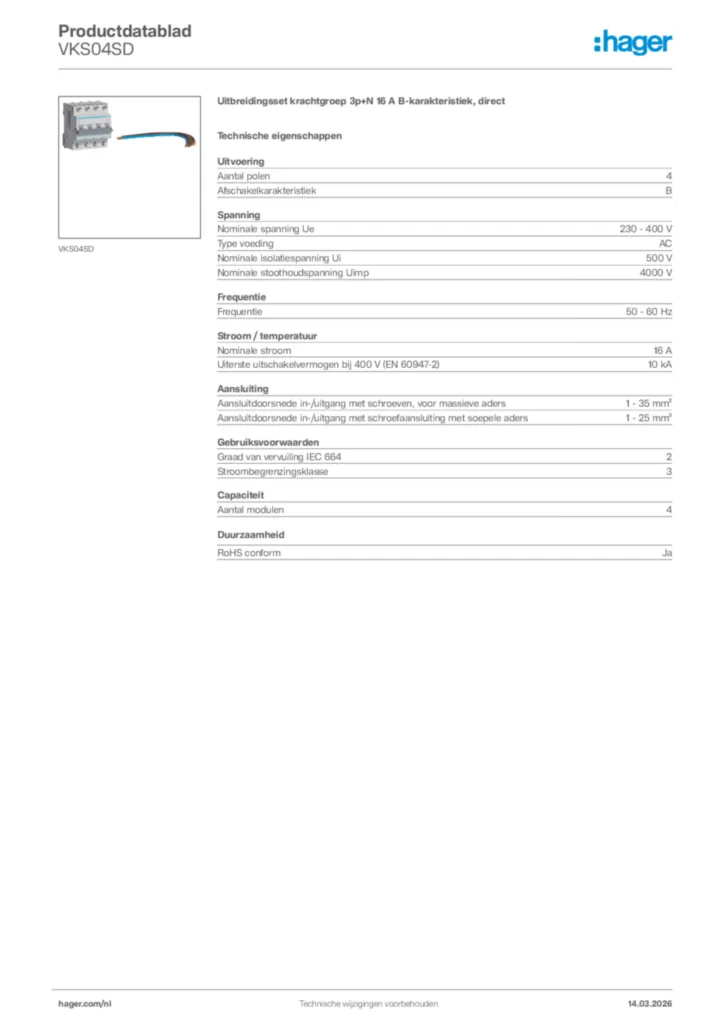 Afbeelding Hager Productdatablad VKS04SD | Hager Nederland
