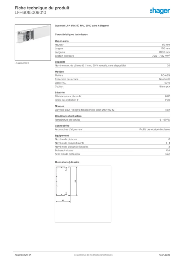 Image Hager Fiche technique du produit LFH6015009010 | Hager Suisse