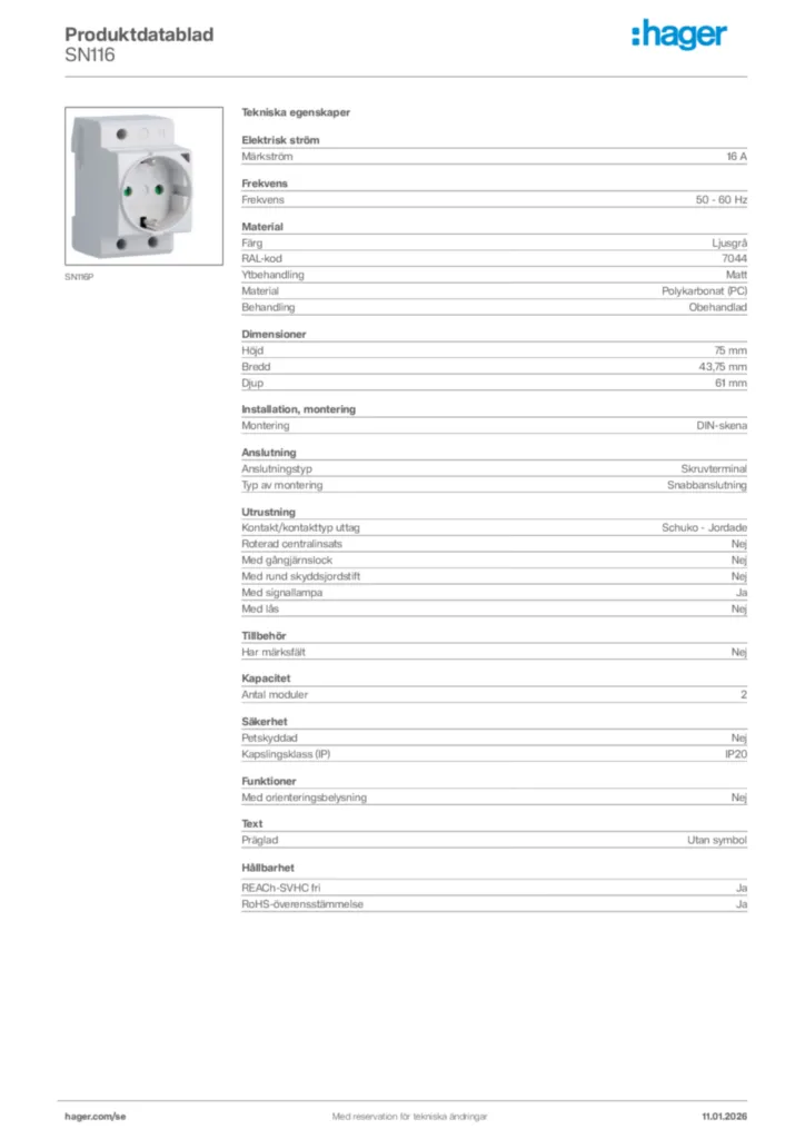 Bild Hager Produktdatablad SN116 | Hager Sverige