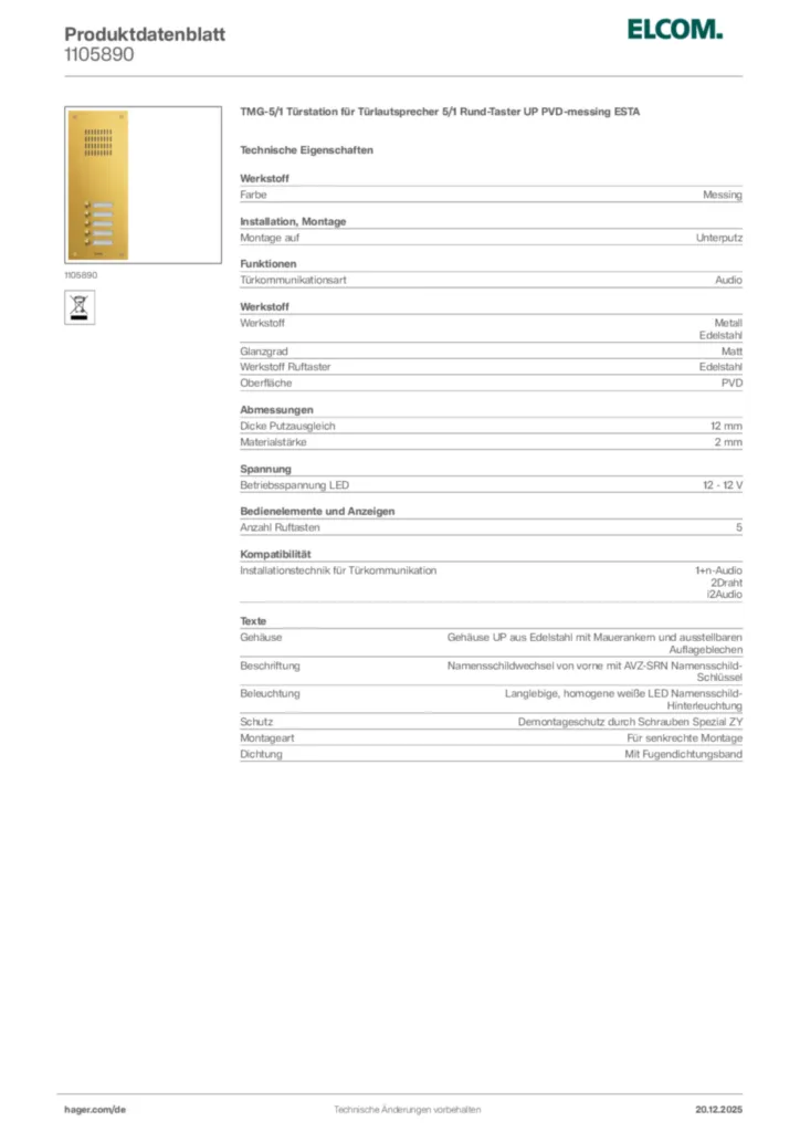 Bild Elcom Produktdatenblatt 1105890 | Hager Deutschland