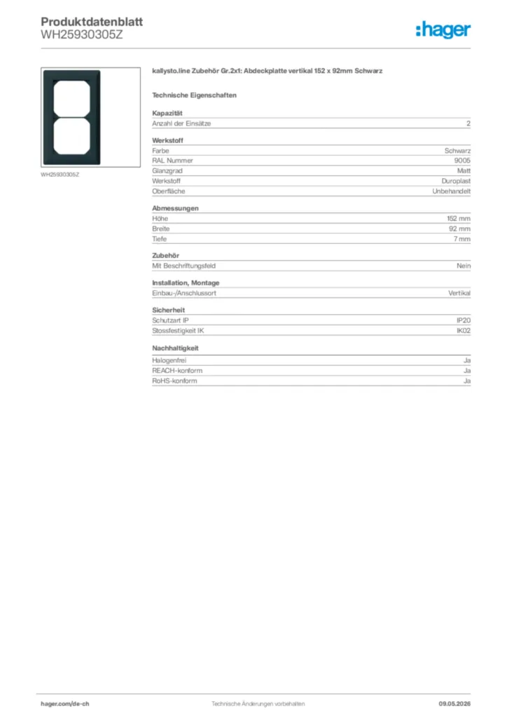 Bild Hager Produktdatenblatt WH25930305Z | Hager Schweiz