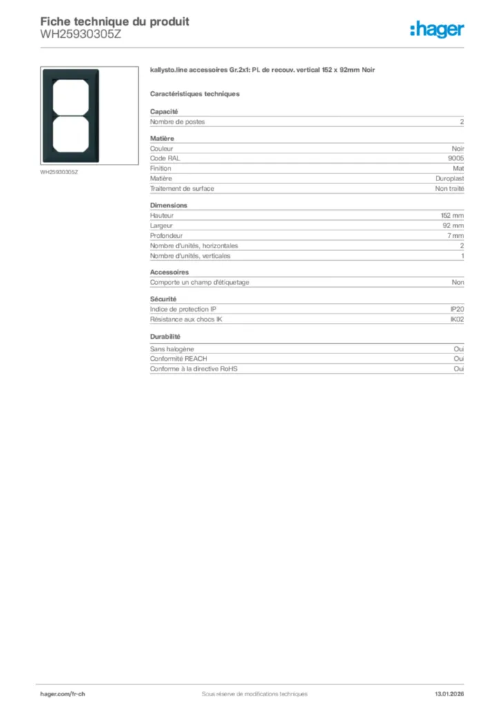 Image Hager Fiche technique du produit WH25930305Z | Hager Suisse