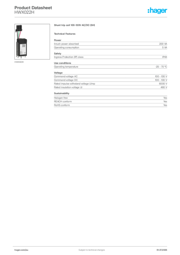 Image Hager Product data sheet HWX022H  | Hager Australia