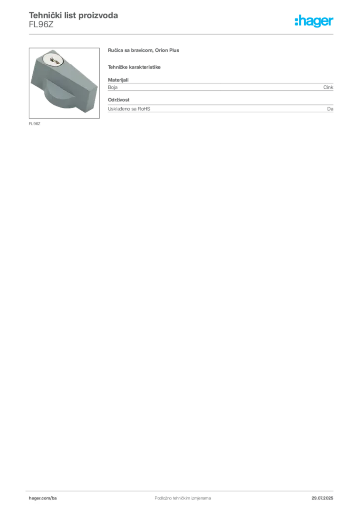 Slika Hager Product data sheet FL96Z  | Hager