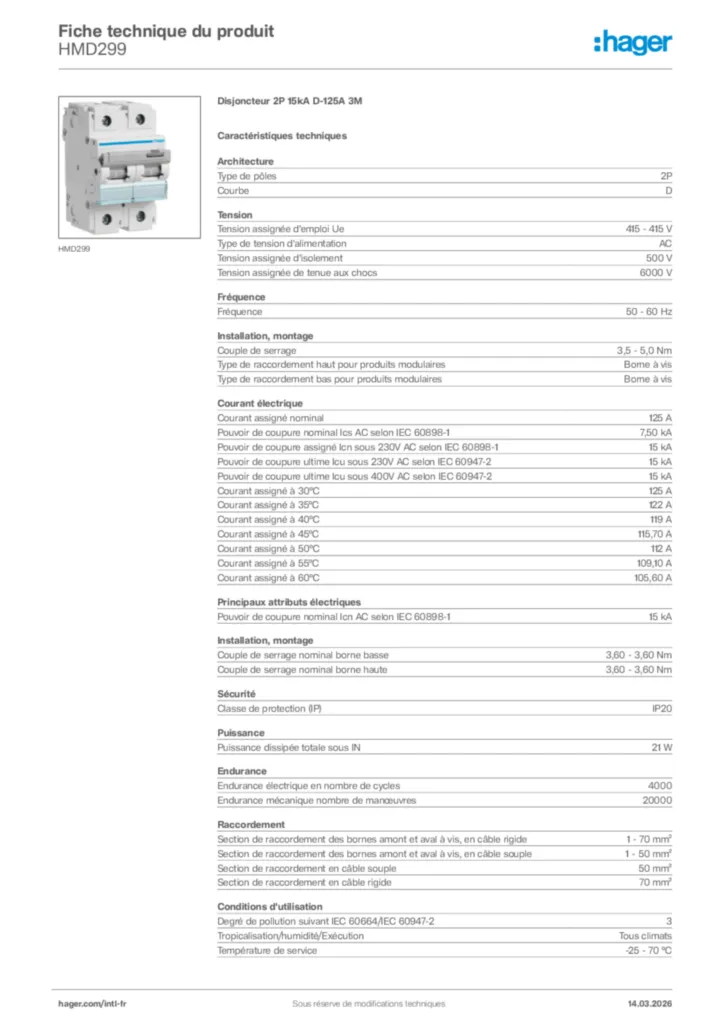 Image Hager Fiche technique du produit HMD299 | Hager Afrique