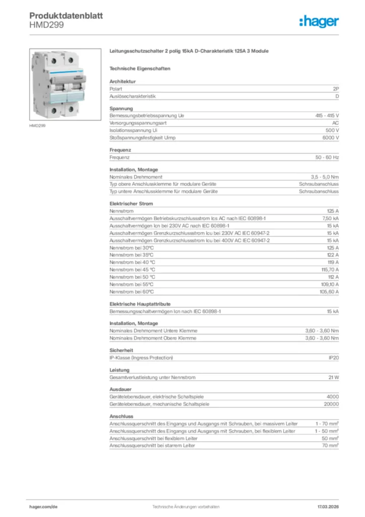 Bild Hager Produktdatenblatt HMD299 | Hager Deutschland