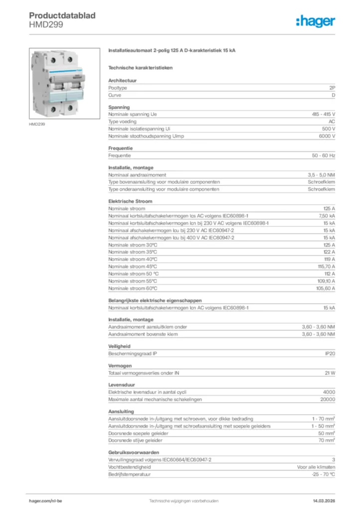 Afbeelding Hager Productdatablad HMD299 | Hager Belgium