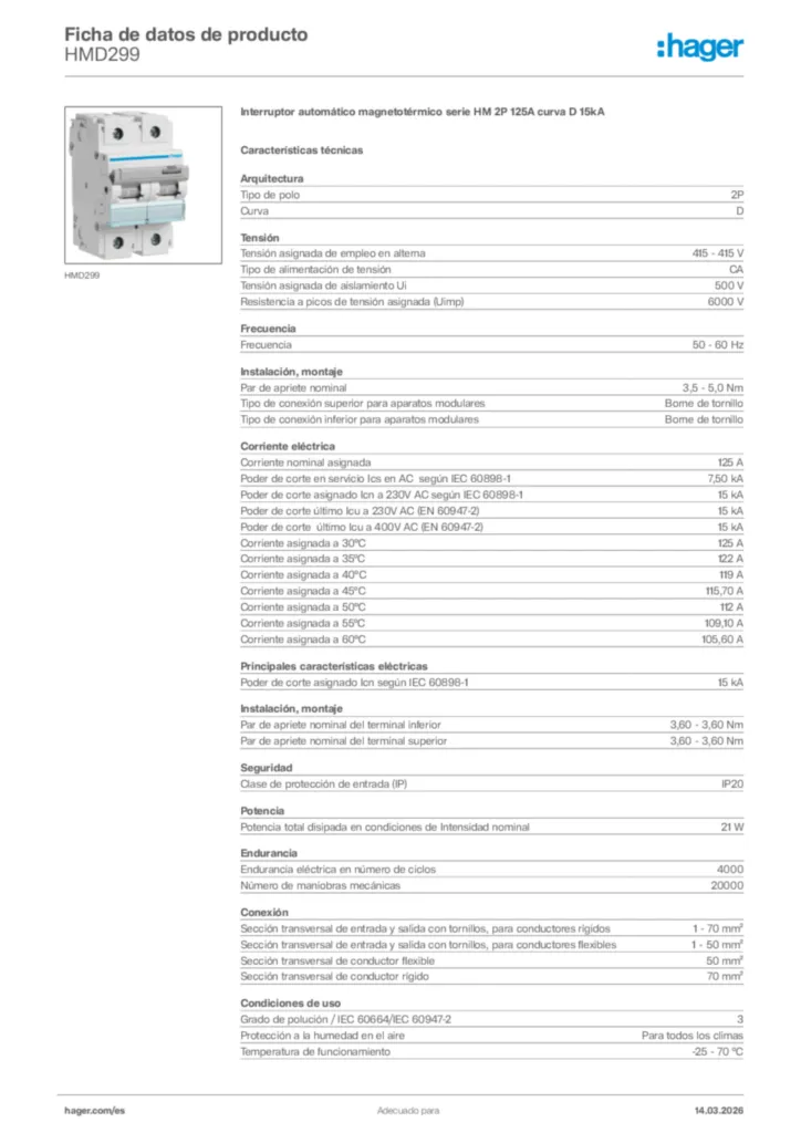 Imagen Hager Ficha de datos de producto HMD299 | Hager España