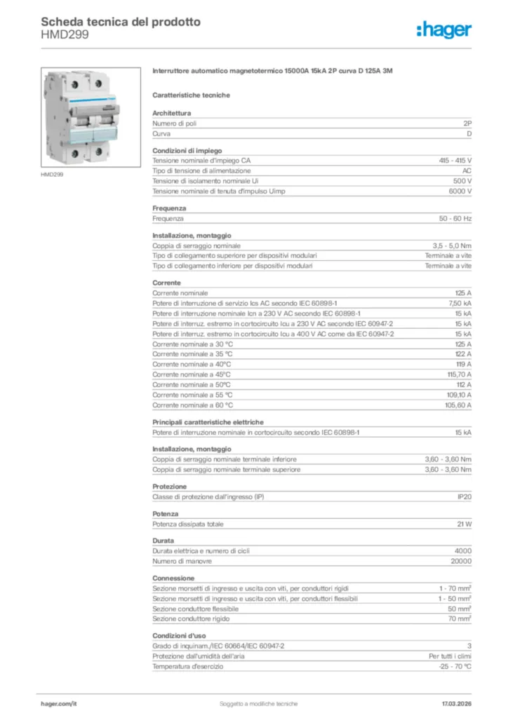 Immagine Hager Scheda tecnica del prodotto HMD299 | Hager Italia