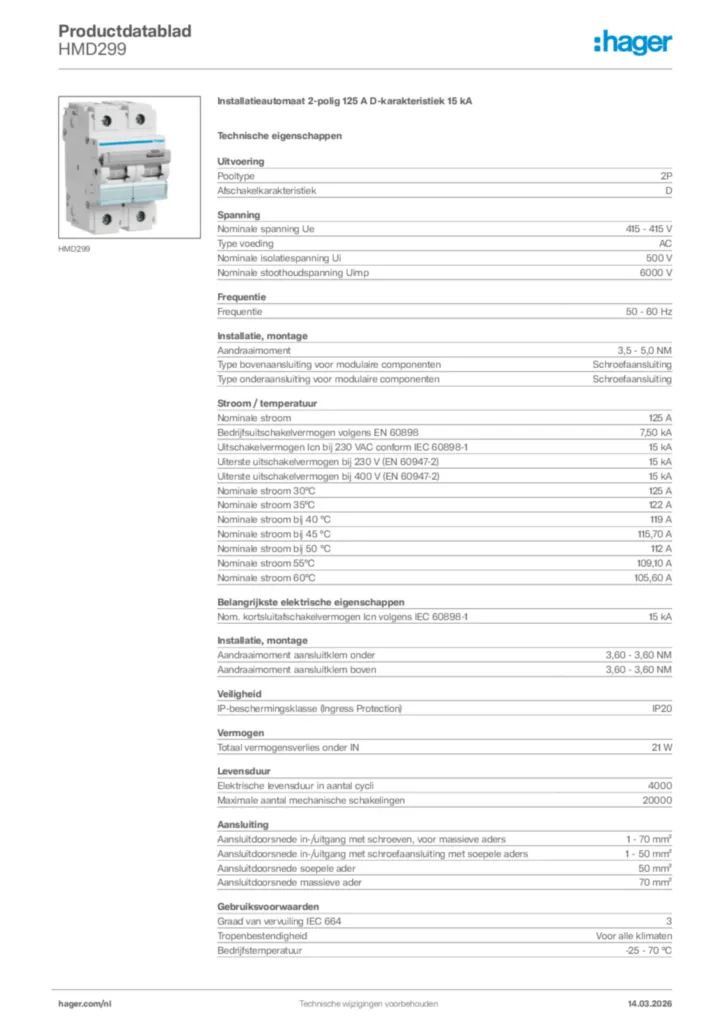 Afbeelding Hager Productdatablad HMD299 | Hager Nederland